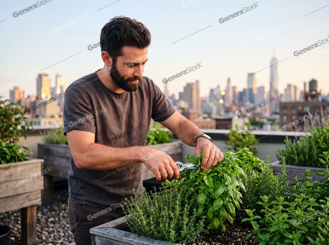 Young man harvesting fresh basil in a rooftop garden with the New York City skyline in the background