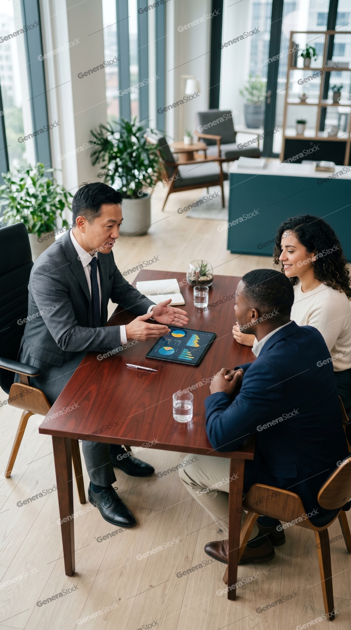Professional Asian financial advisor explaining data charts on a tablet to a diverse young couple in a modern office