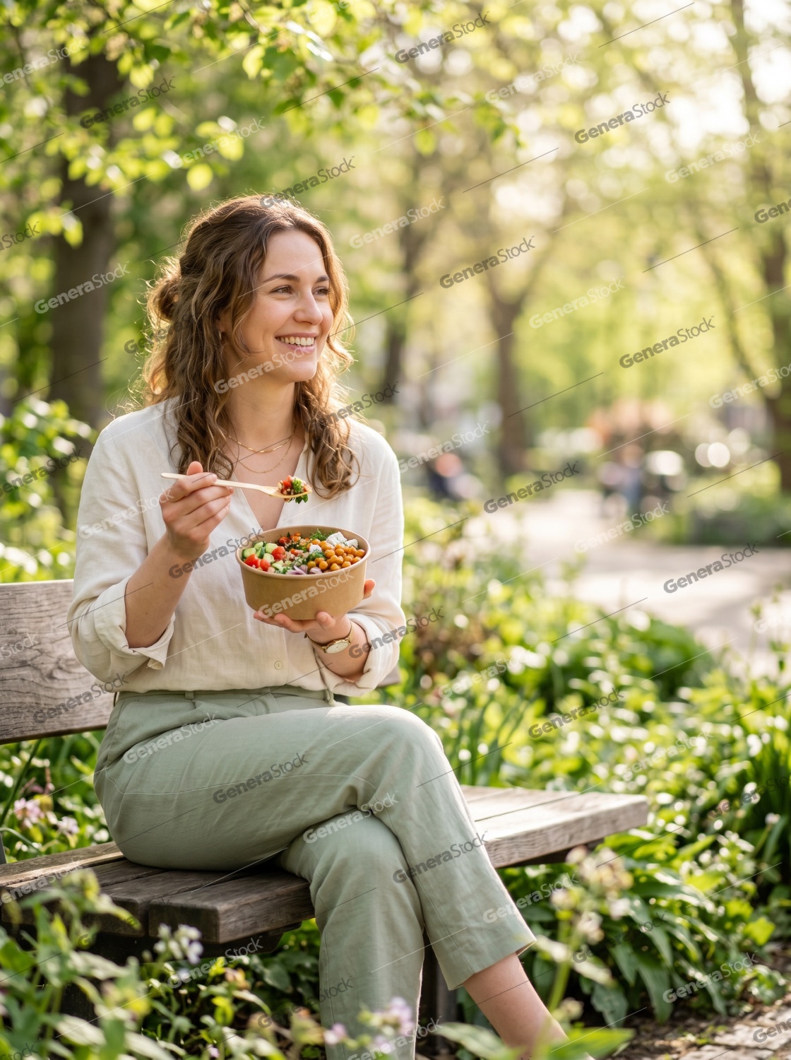 Smiling young woman enjoying a healthy salad bowl while sitting on a park bench in a sunny green park