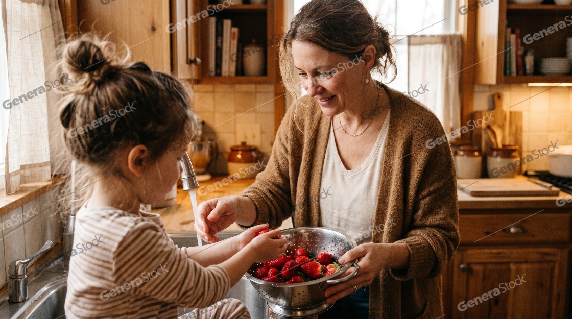 Mother and young daughter washing fresh strawberries together in a rustic kitchen sink