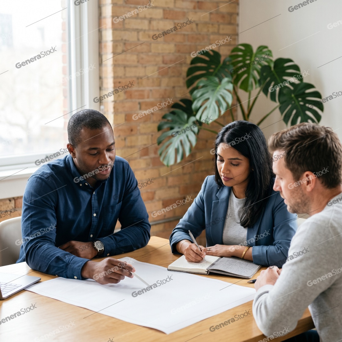 Diverse team of professionals collaborating on a project plan and taking notes in a modern office