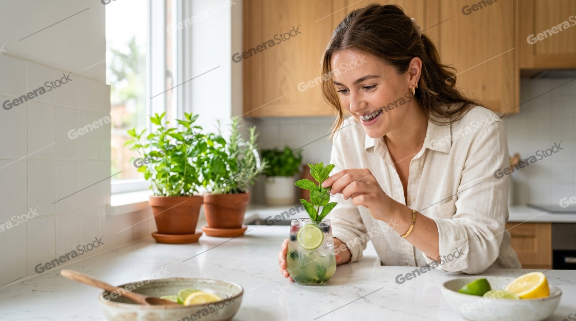 Smiling young woman garnishing a refreshing summer cocktail with fresh mint leaves in a bright modern kitchen