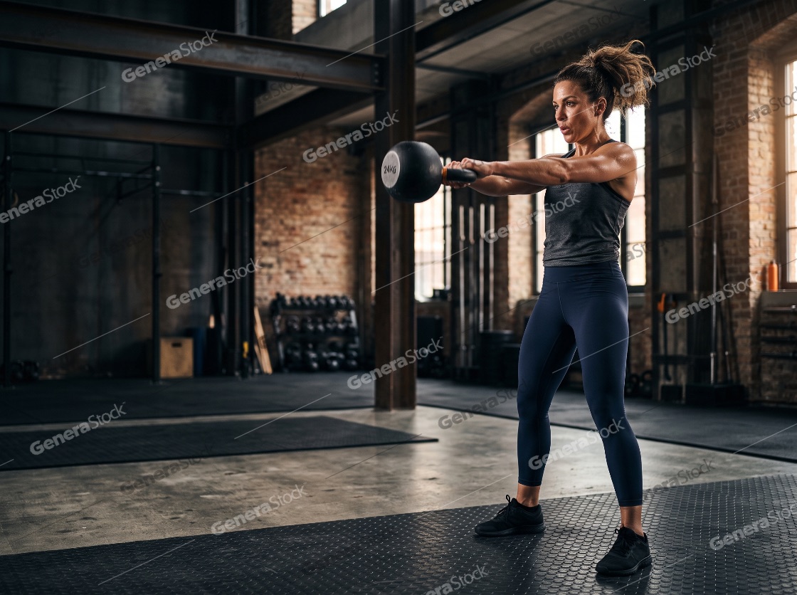 Fit athletic woman performing a kettlebell swing exercise during