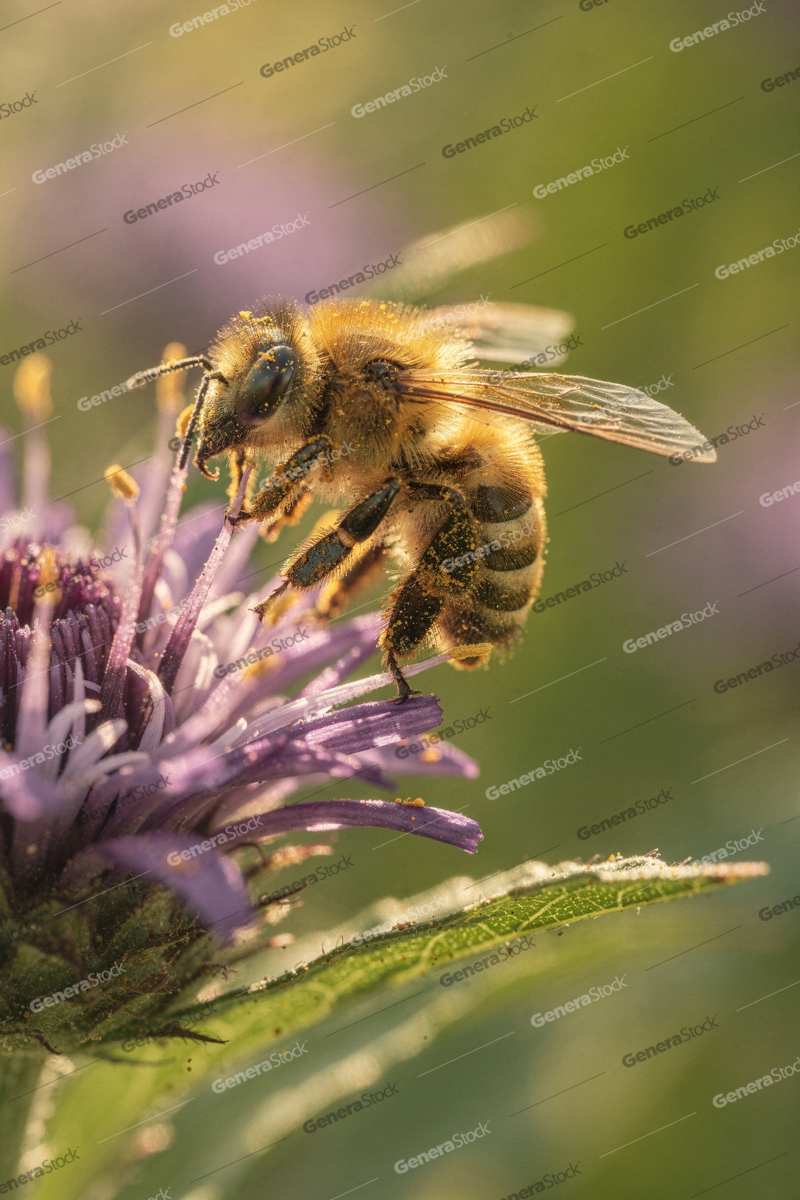 Macro shot of a fuzzy honeybee covered in golden pollen while co