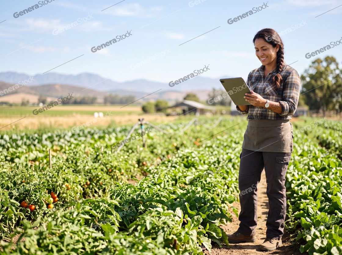 Smiling Female Farmer Using Digital Tablet in Lush Vegetable Field