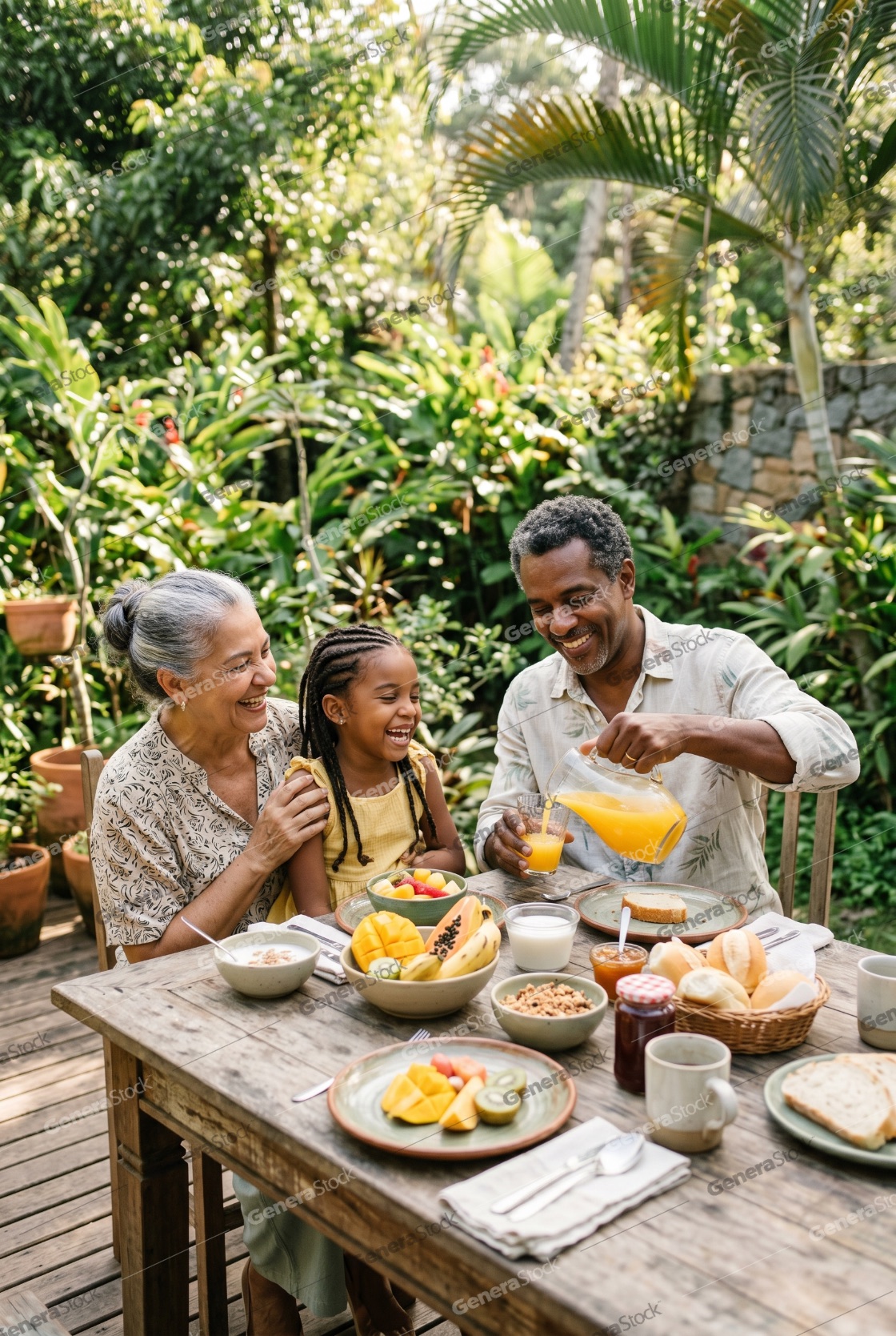 Happy African American Grandparents and Granddaughter Enjoying a Healthy Breakfast in a Tropical Garden