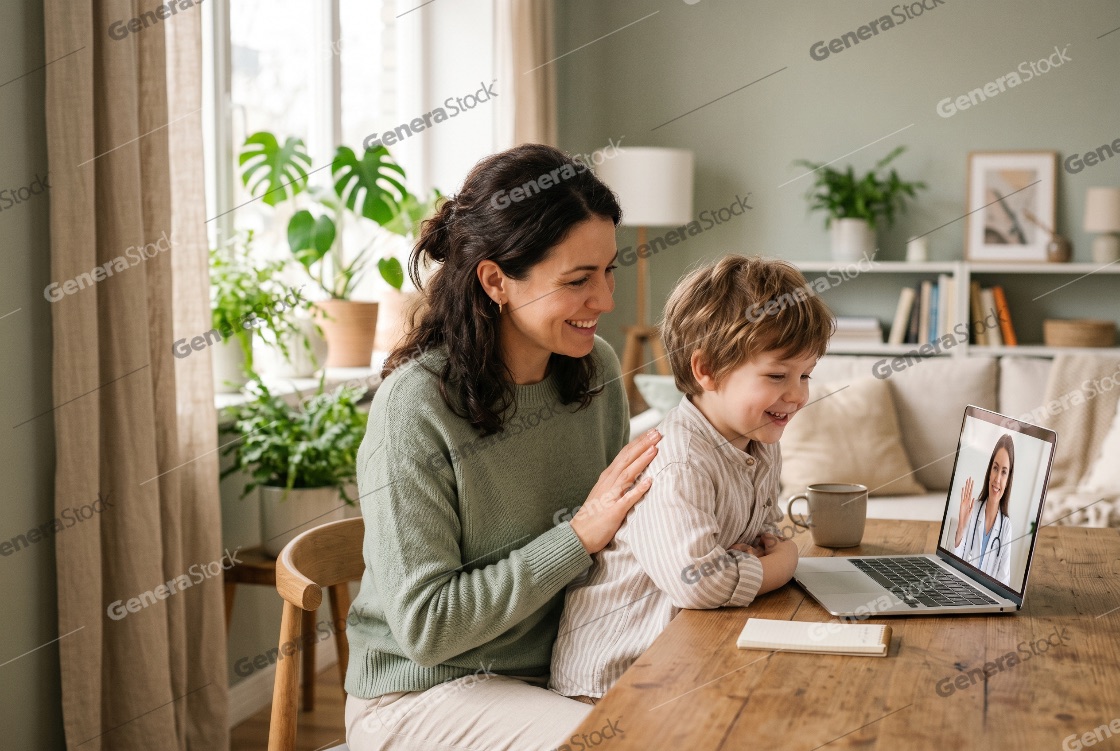 Happy mother and young son consulting with a female doctor via video call on a laptop in a bright, modern living room, representing telemedicine and remote healthcare
