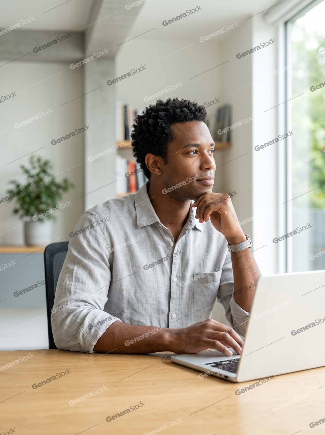 Thoughtful African American professional sitting at a desk with a laptop, looking out a window in a bright modern home office
