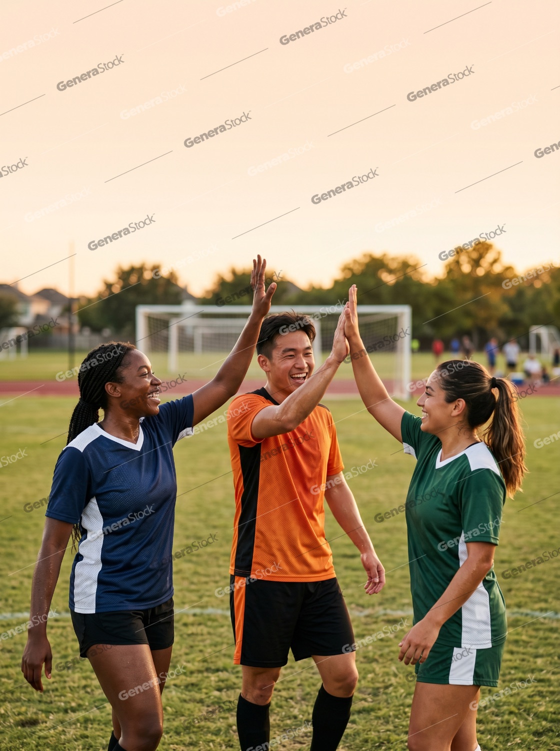 Happy Multi-ethnic Group of Soccer Players Giving High Fives and Celebrating Victory on the Field at Sunset