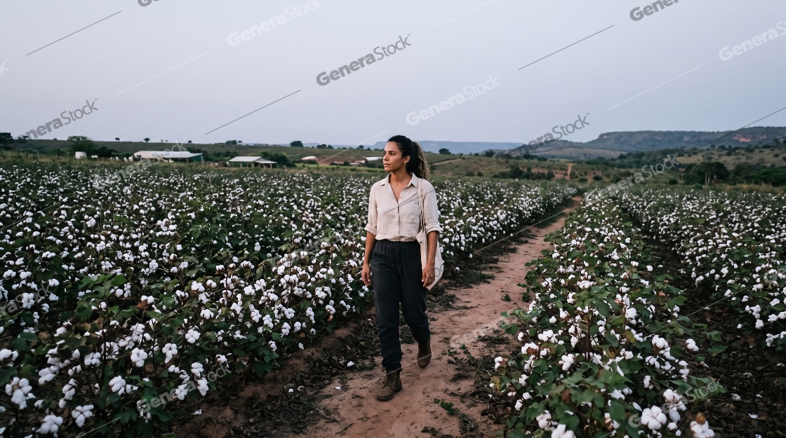 Young Woman Walking Along a Dirt Path Through a Blooming Cotton