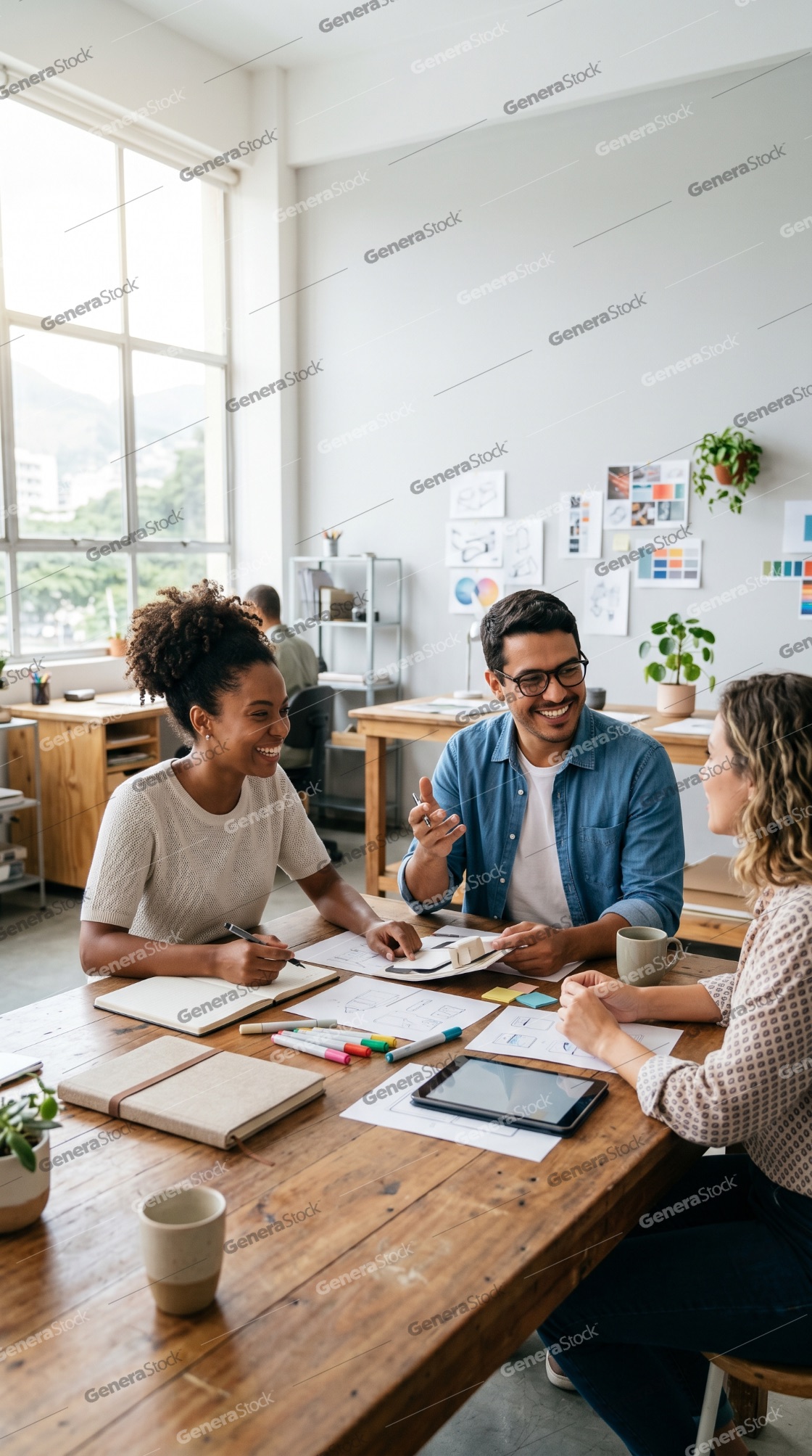 Diverse Creative Team Collaborating on a Project in a Modern Bright Office Studio