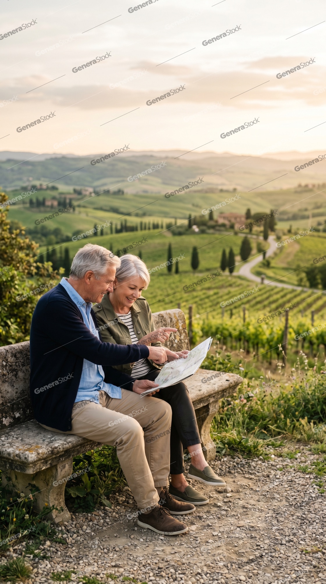 Happy Senior Couple Looking at a Map in the Tuscan Countryside at Sunset