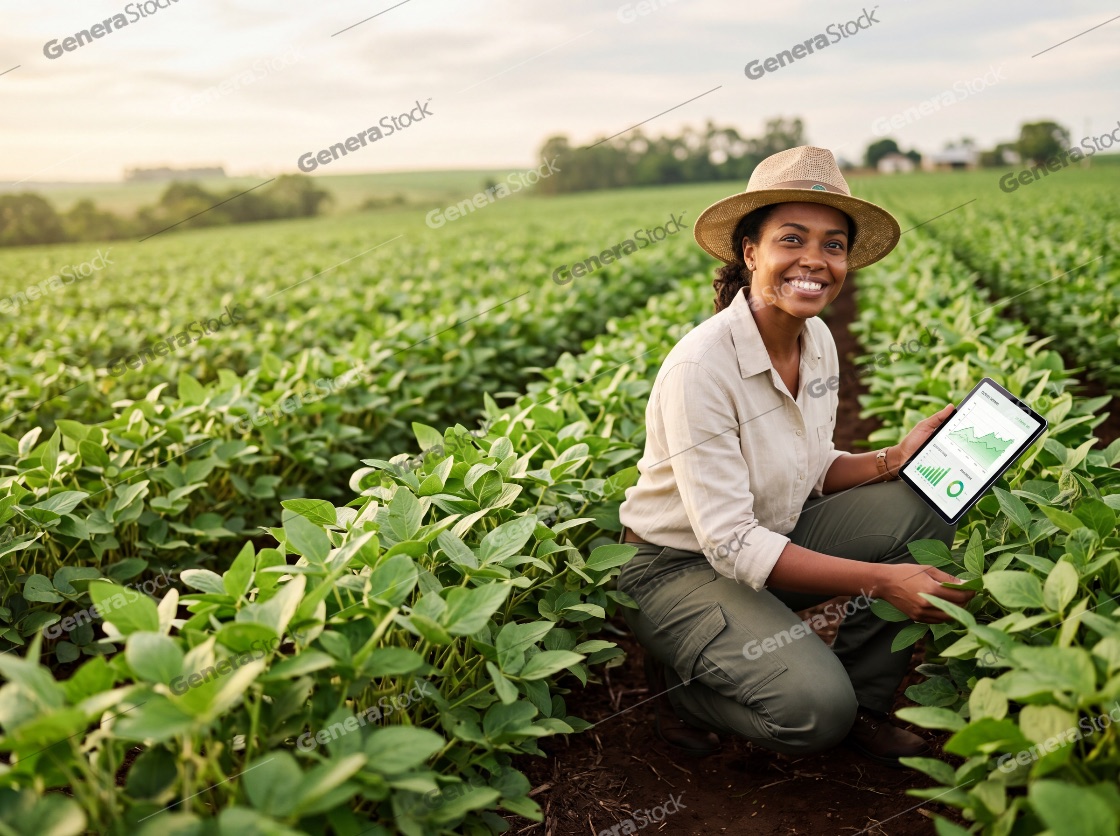 Smiling Black female farmer using a digital tablet for data analysis while squatting in a lush green soybean field during a sunny day