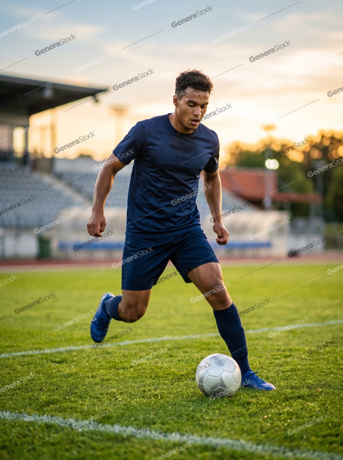 Professional male soccer player in blue uniform dribbling a ball on a green field during sunset at a stadium