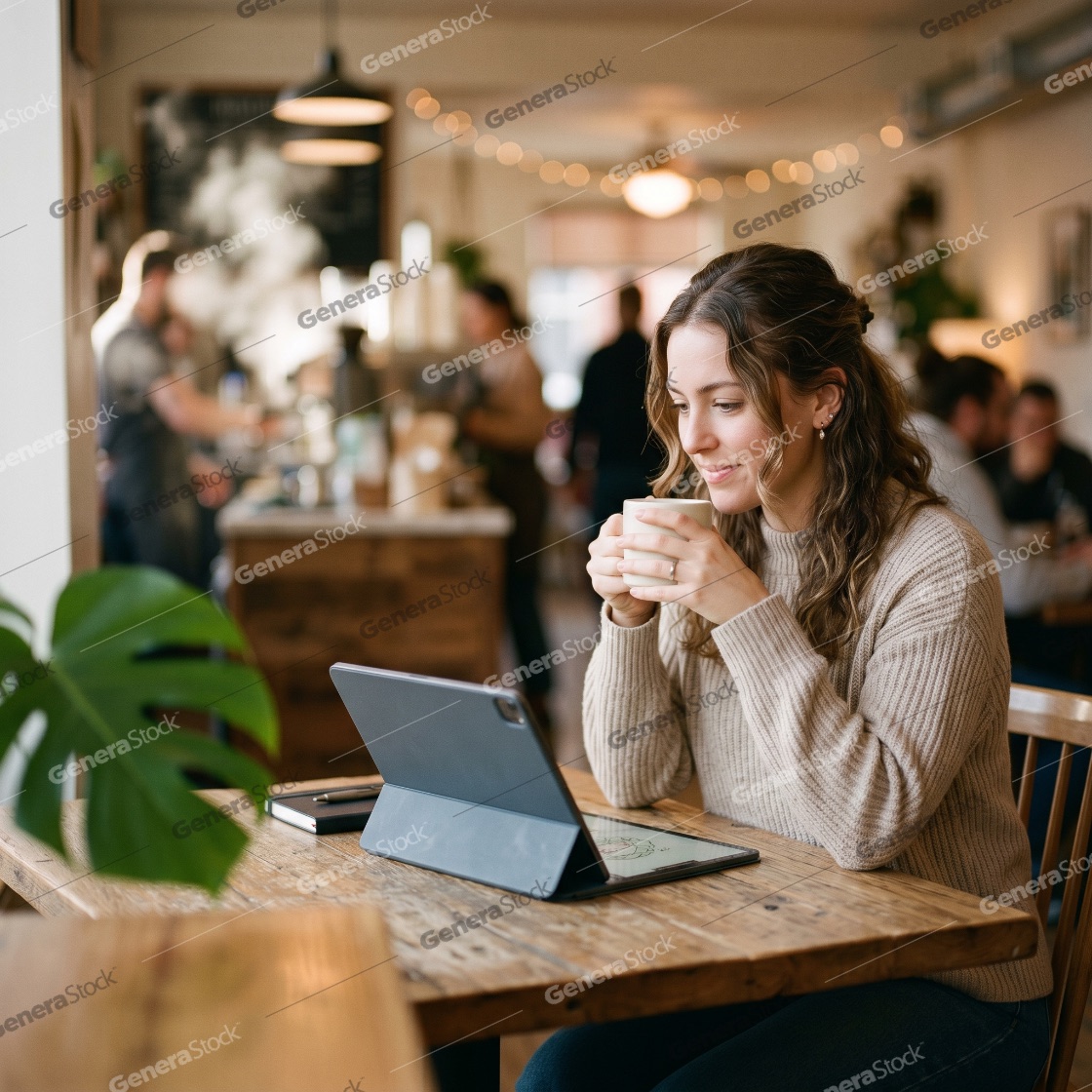 Young woman working on a tablet while drinking coffee in a cozy cafe