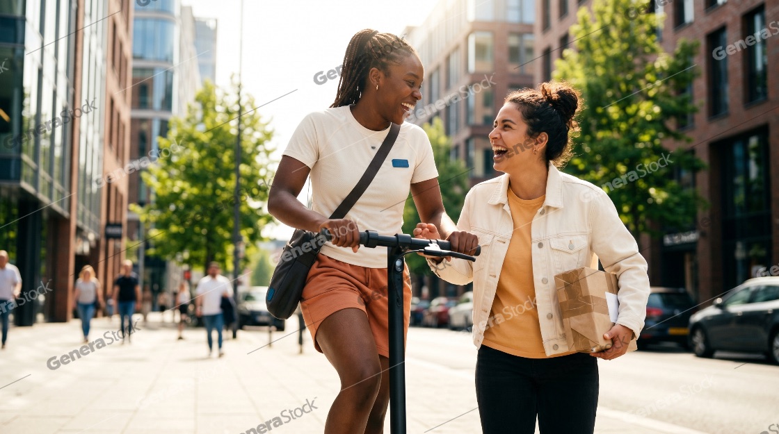 Two Diverse Young Women Laughing While Walking with an Electric Scooter and a Package on a Sunny City Street