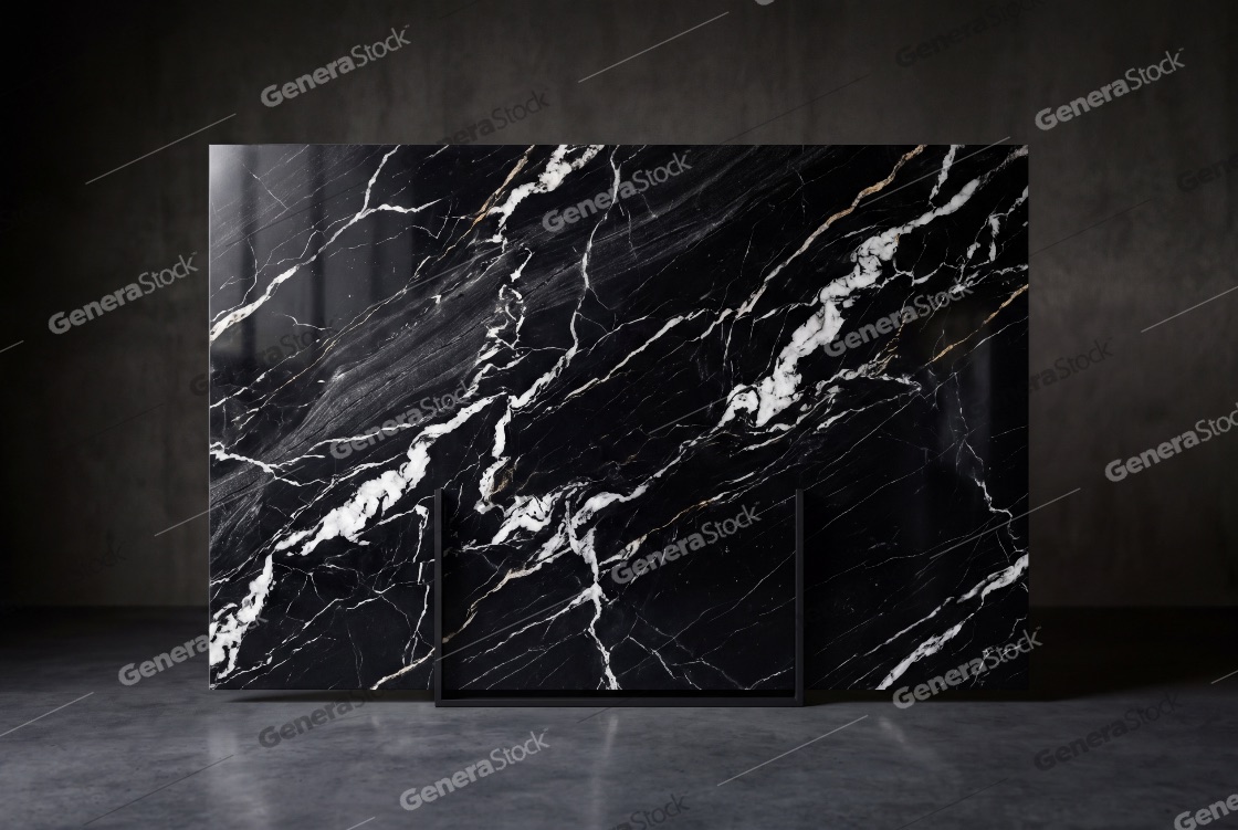 Luxury Polished Black Marble Slab with Elegant White Veining in Minimalist Interior