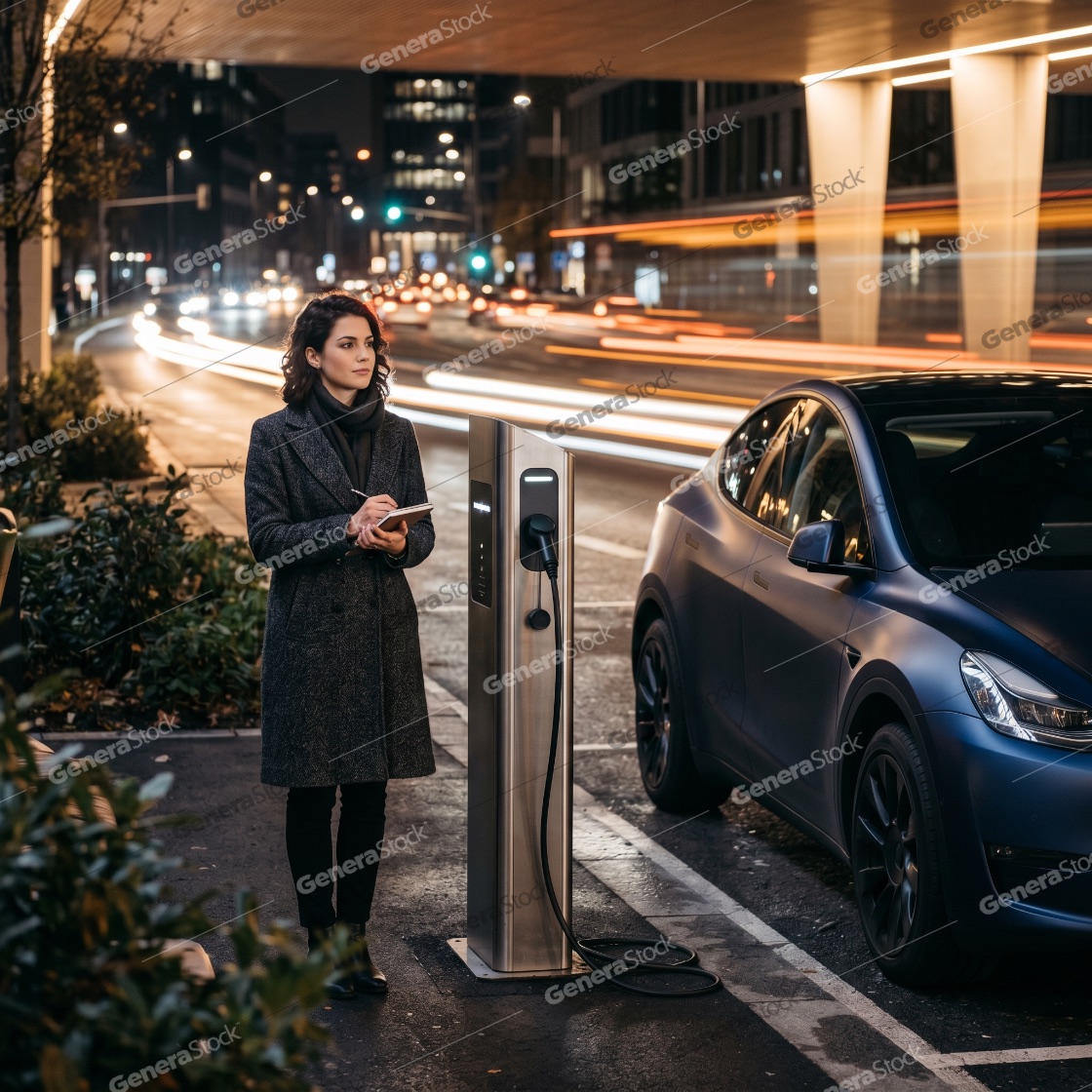 Woman Waiting for Her Electric Car to Charge at a City Station at Night