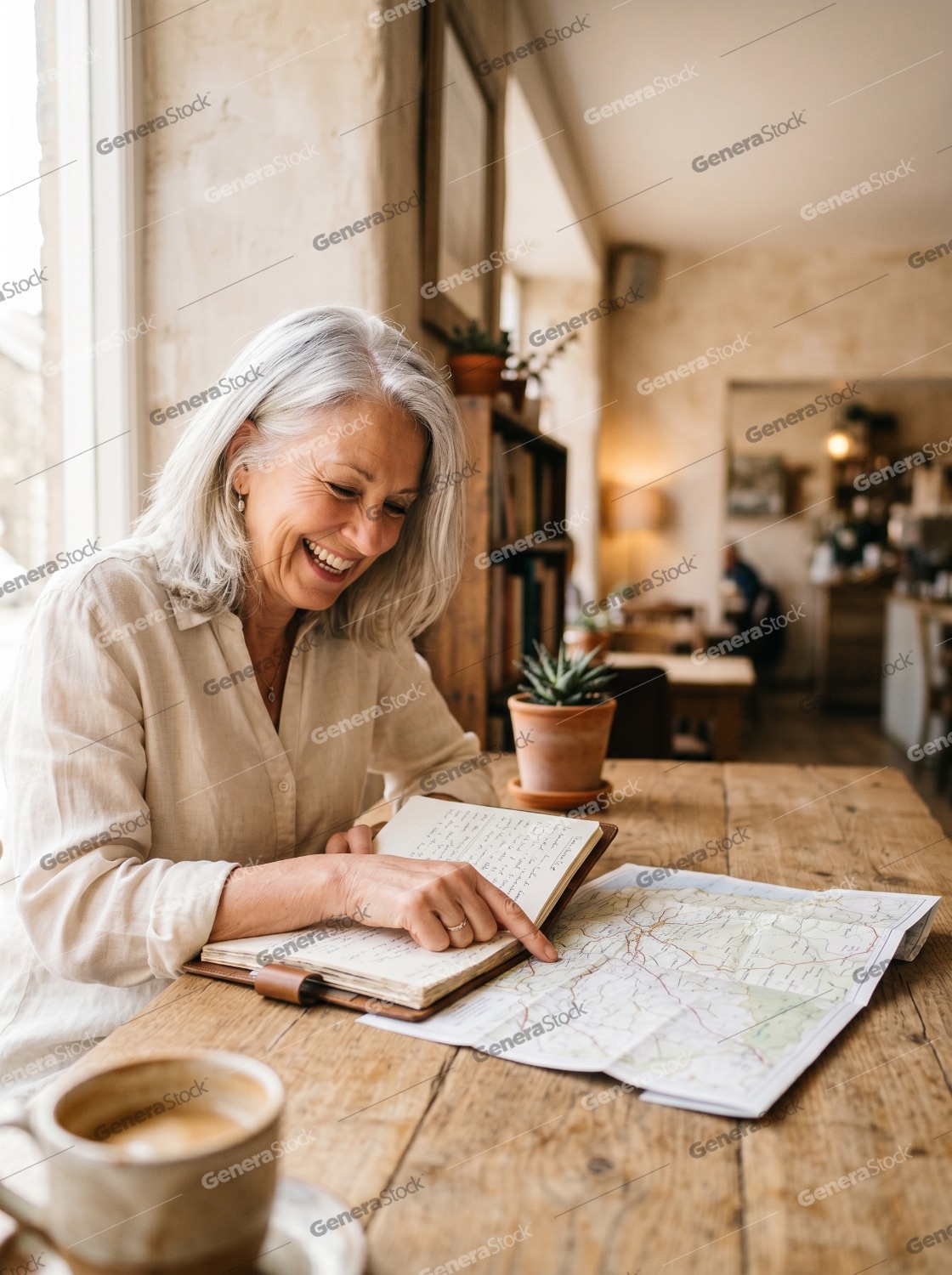 Happy Senior Woman Planning Her Next Adventure with a Map and Journal in a Cozy Cafe