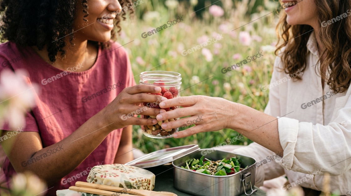 Two diverse women sharing a healthy snack of berries and nuts during a sustainable picnic in a beautiful flower field