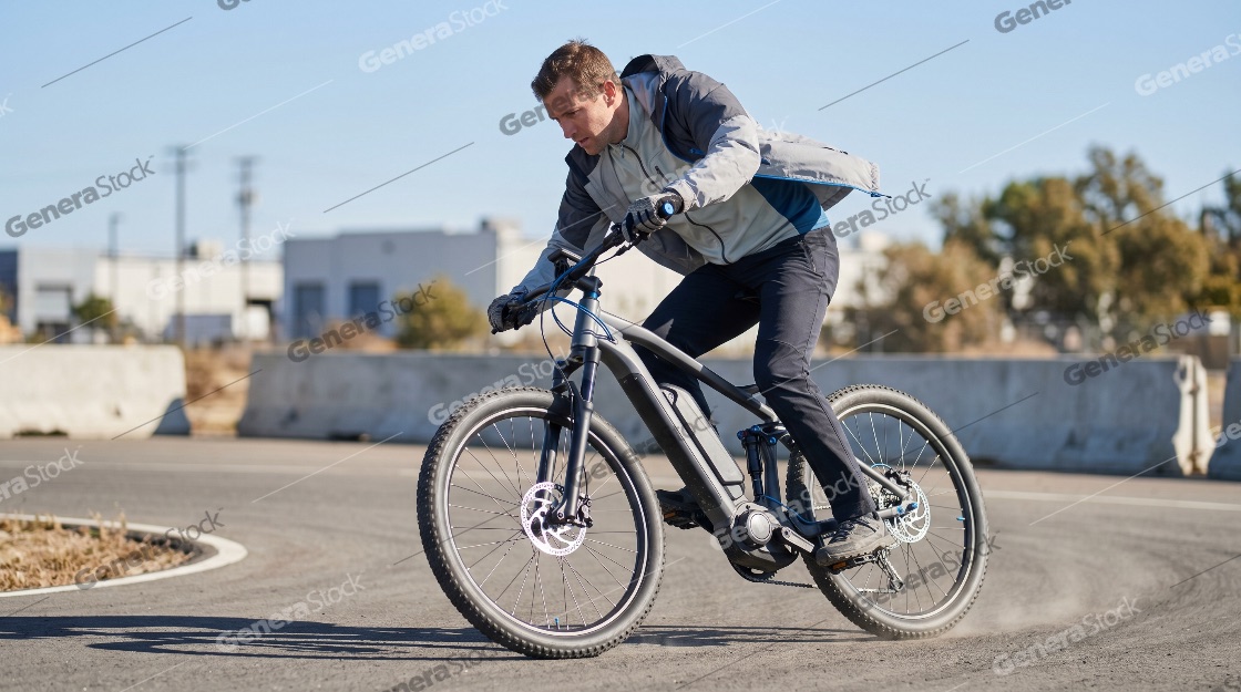 Active man riding a modern electric mountain bike on a paved road, leaning into a sharp turn during a sunny day