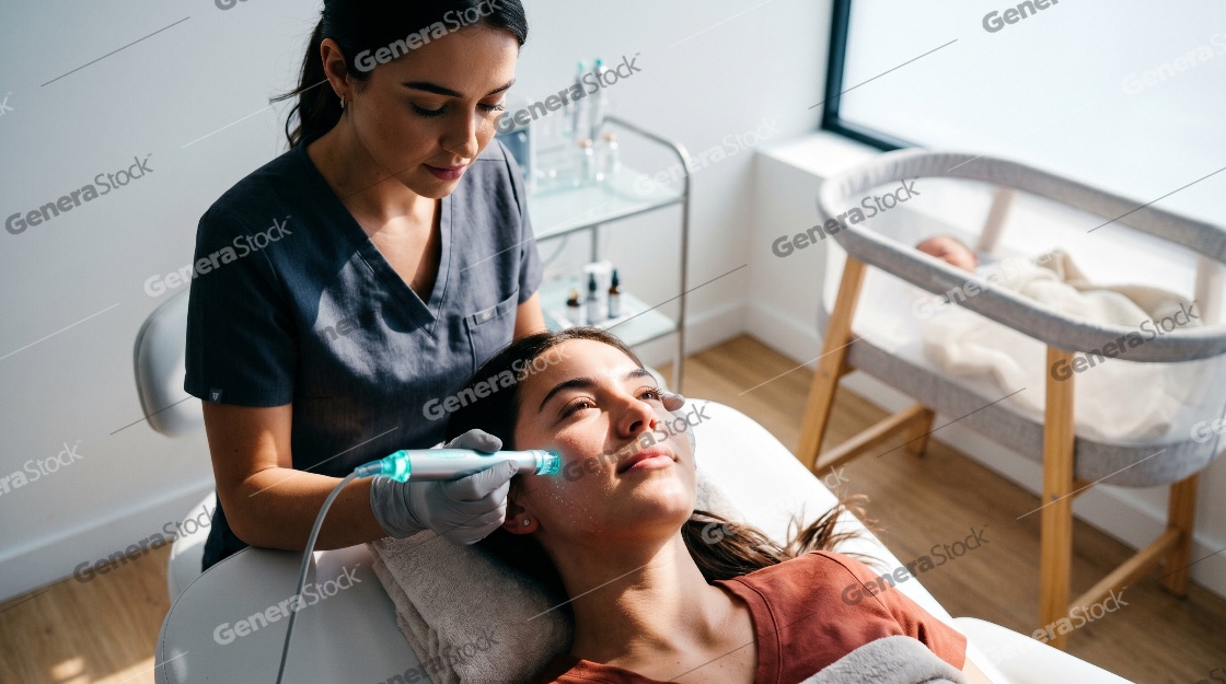 Professional Aesthetician Performing Facial Treatment on a Young Mother with Her Baby Sleeping Nearby