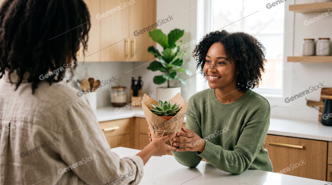 Happy Black woman receiving a potted succulent plant as a gift from her friend in a modern kitchen