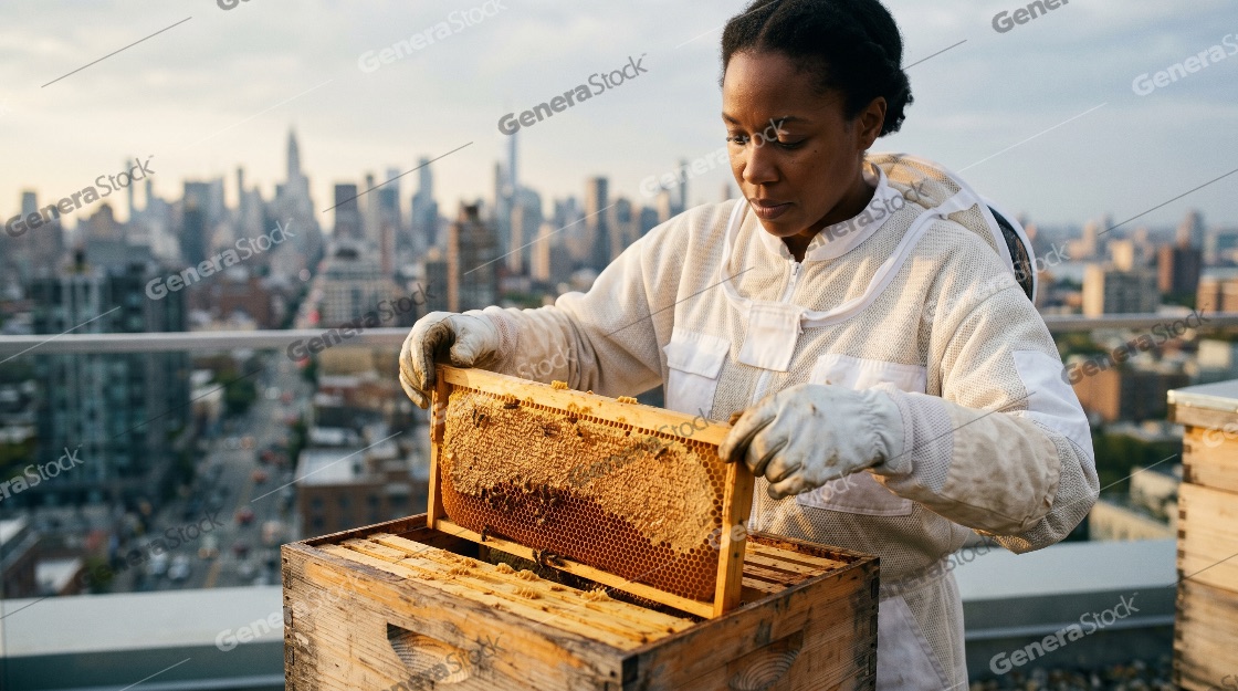 African American Female Beekeeper Inspecting Honeycomb Frame on a Rooftop with New York City Skyline Background