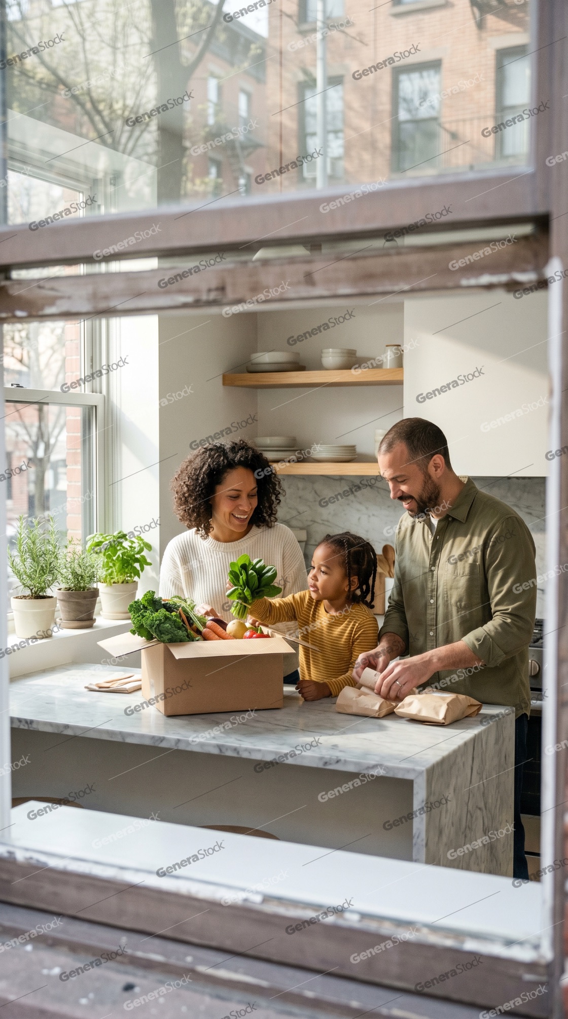 Happy diverse family unpacking a fresh organic vegetable delivery box in their bright modern kitchen