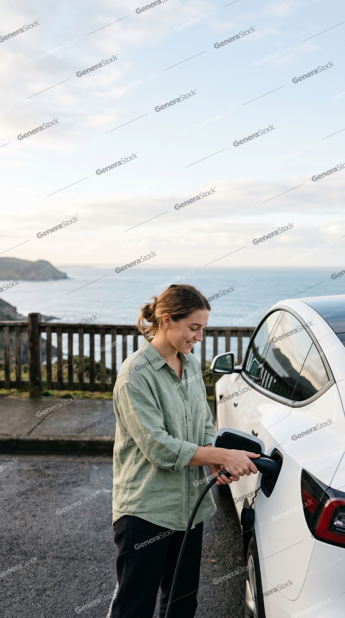 Young woman charging her electric car at a scenic coastal lookout with ocean views