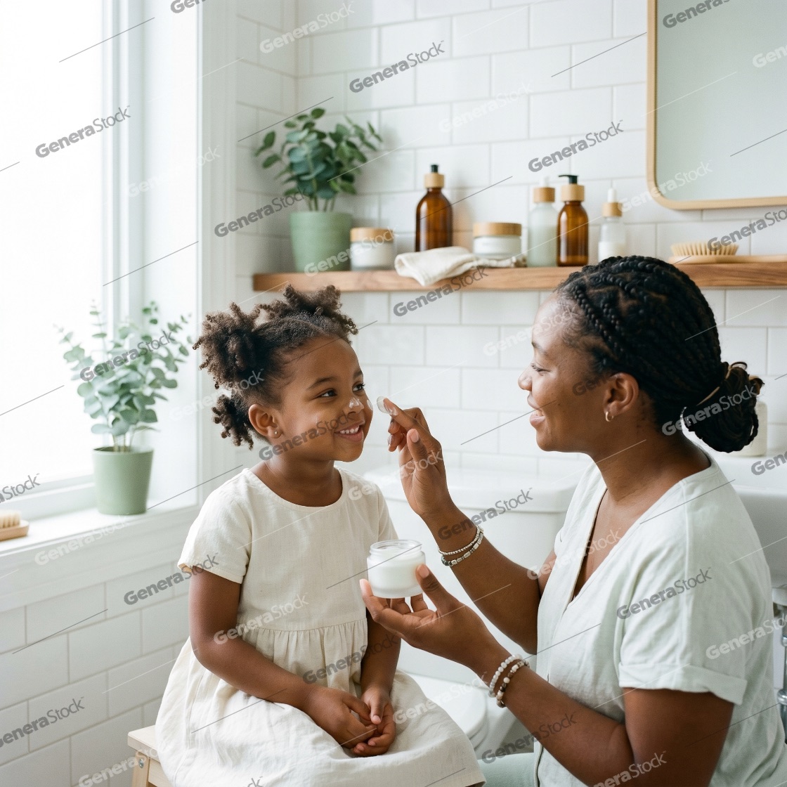 African American mother applying moisturizing cream to her daughter's face in a bright bathroom