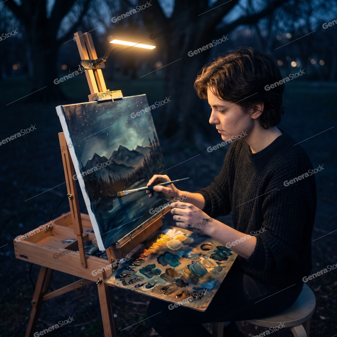 Young female artist painting a mountain landscape on canvas outdoors at night under a small lamp