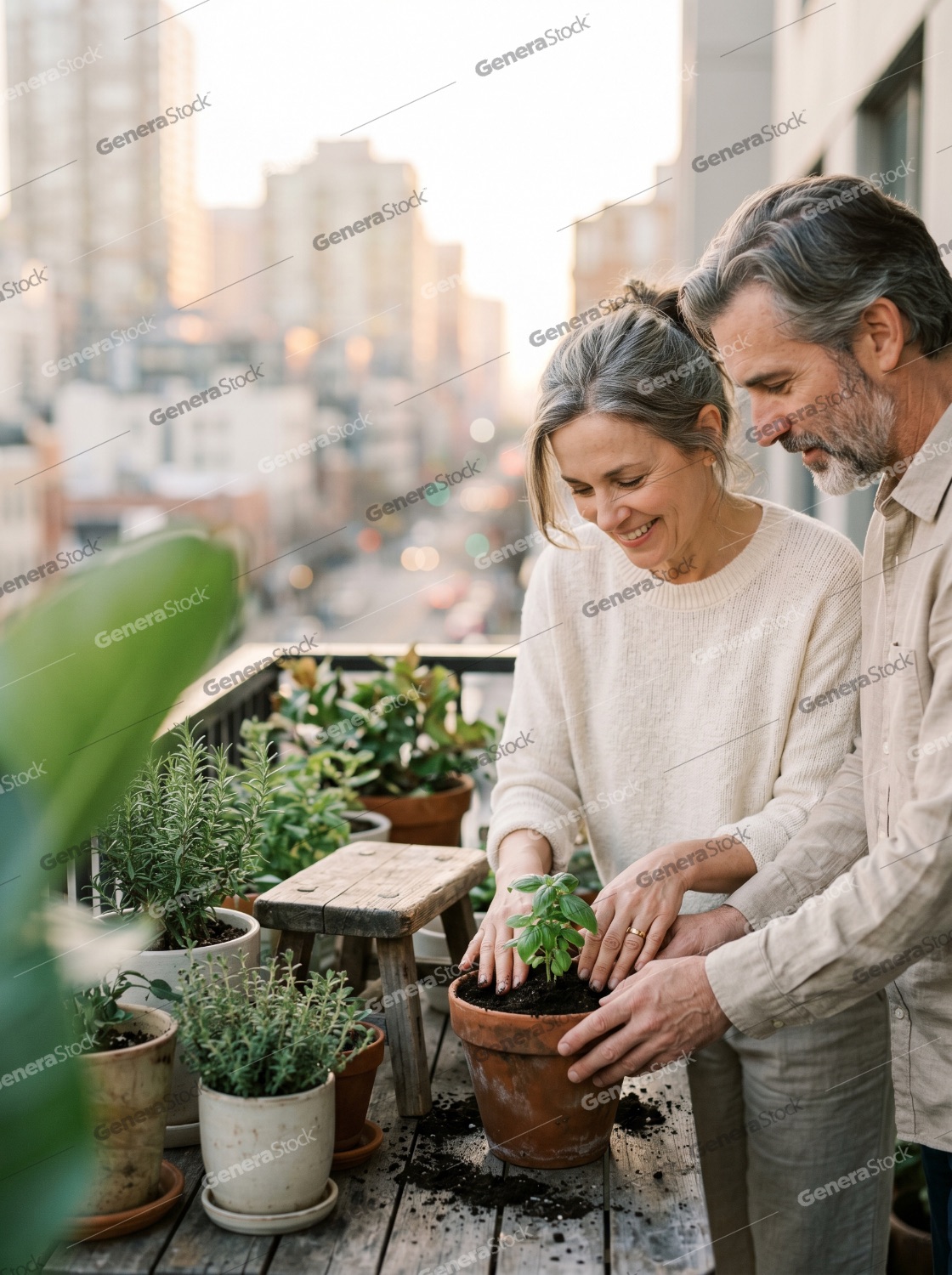 Happy middle-aged couple gardening together on their urban apartment balcony, planting fresh herbs in terracotta pots with a city skyline background