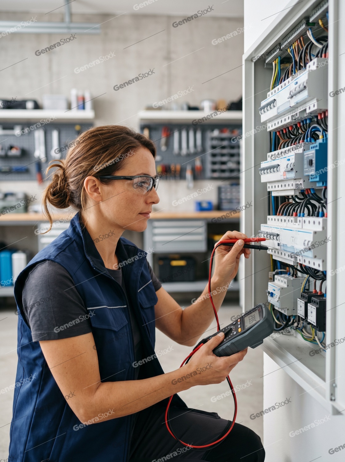 Professional Female Electrician Using Digital Multimeter to Test Electrical Panel in Workshop