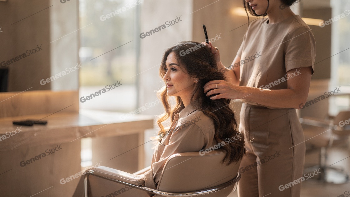 Professional Hair Stylist Working on Long Wavy Hair of a Beautif