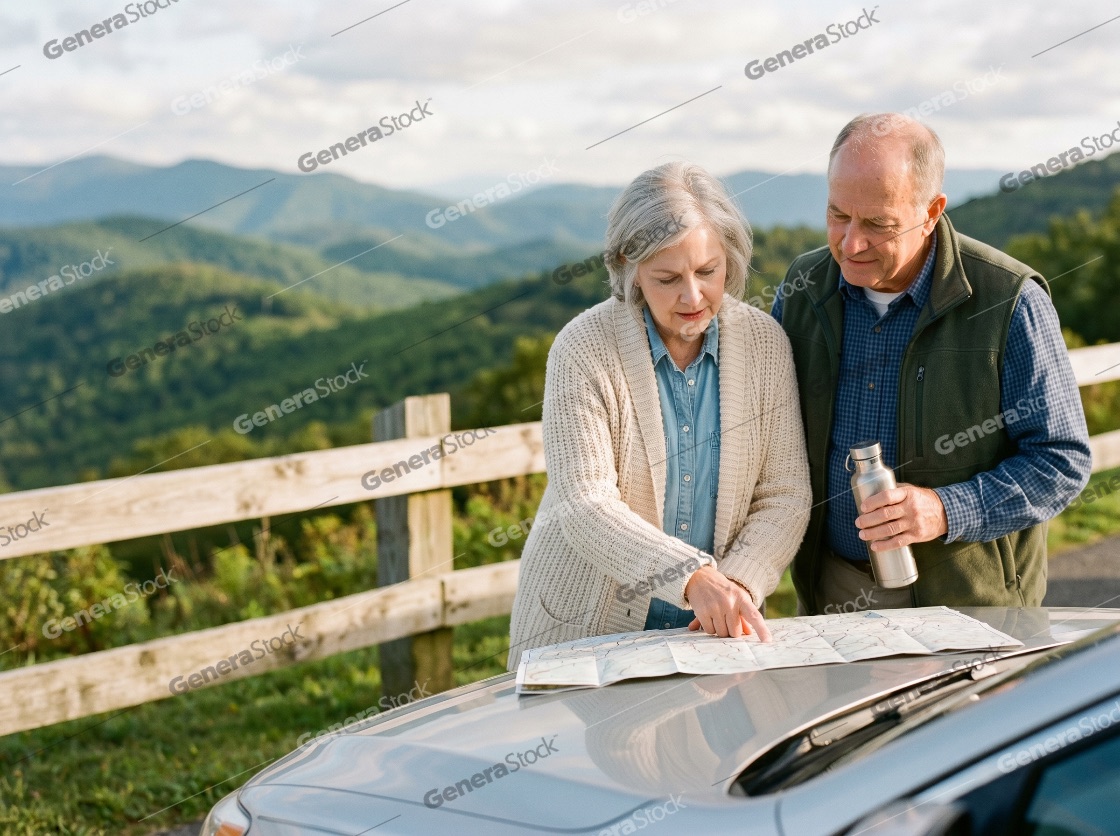 Senior couple planning their road trip route on a map while stopped at a mountain overlook