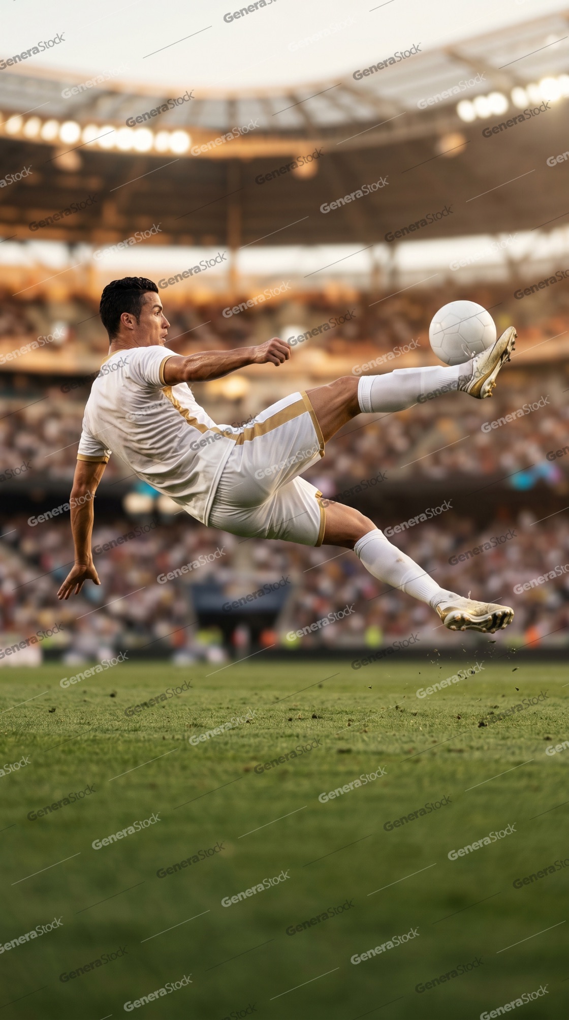 Professional soccer player in white kit performing a dynamic bicycle kick during a match in a large stadium
