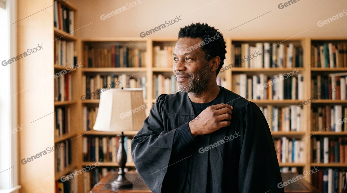 Portrait of a confident African American man wearing a black academic or judicial robe in a library filled with books
