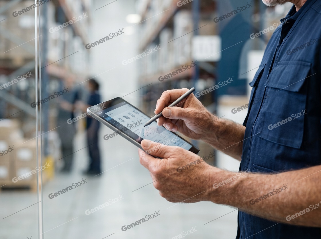 Modern warehouse worker using a digital tablet and stylus for inventory management and logistics tracking in a large distribution center
