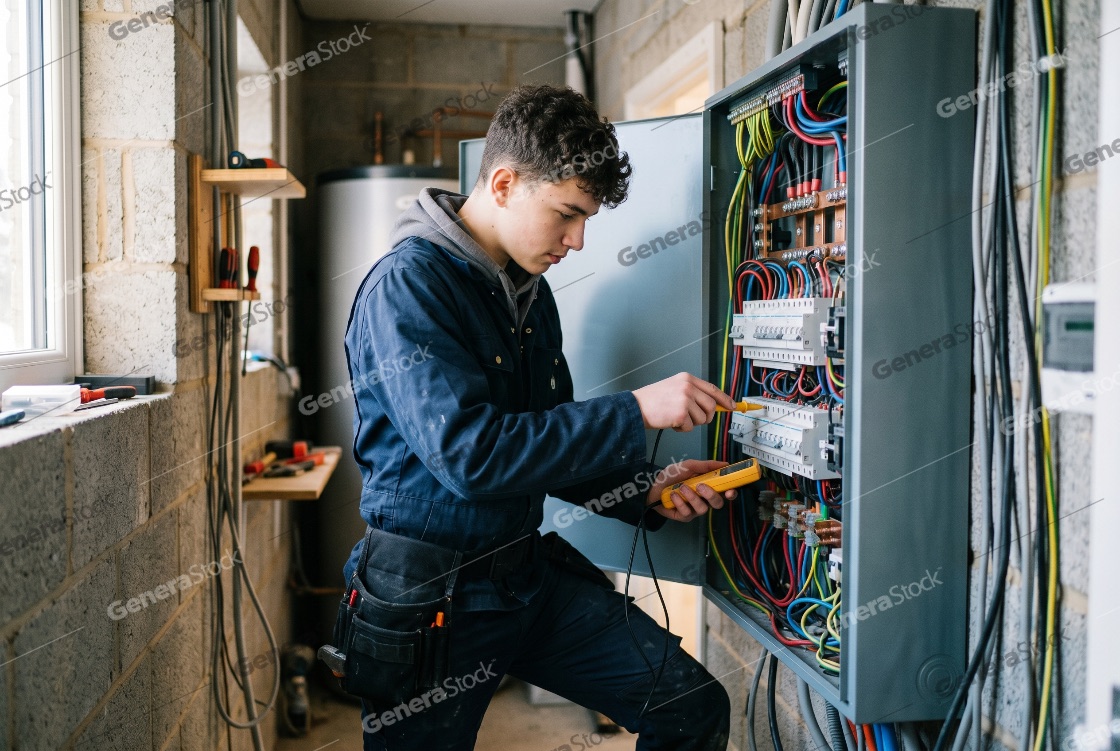 Young Electrician Testing Voltage in a Residential Electrical Panel with a Multimeter