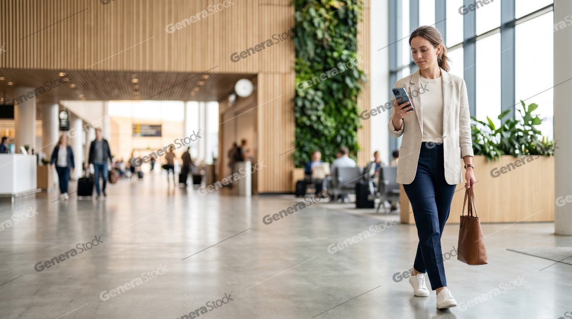 Young professional businesswoman walking through modern airport terminal using smartphone