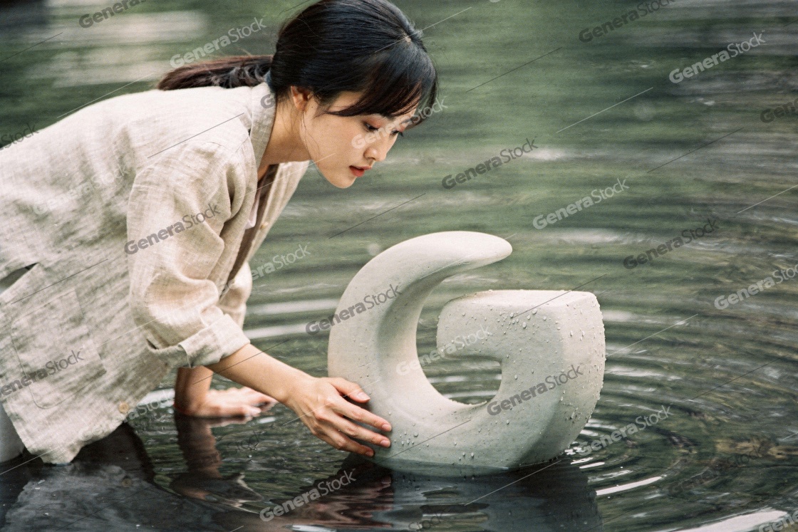 A young woman in a beige linen jacket gently adjusting a curved