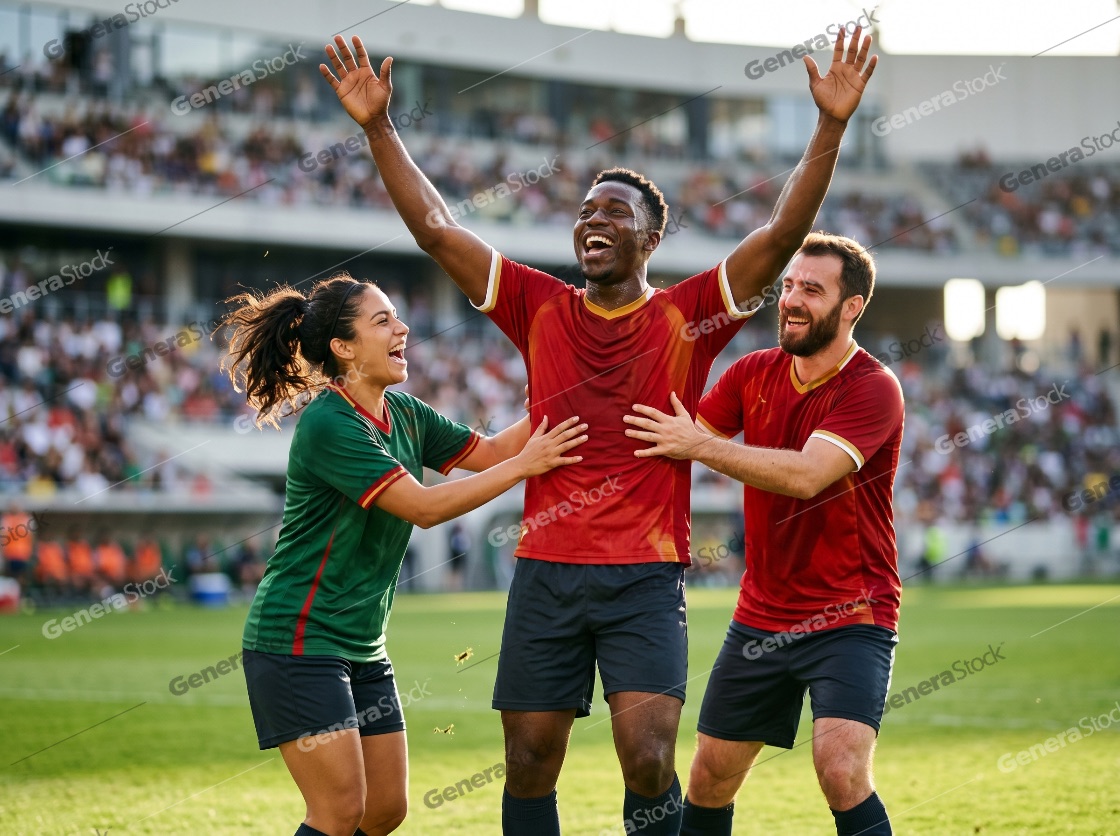 Diverse Soccer Teammates Celebrating a Goal During a Match in a Packed Stadium