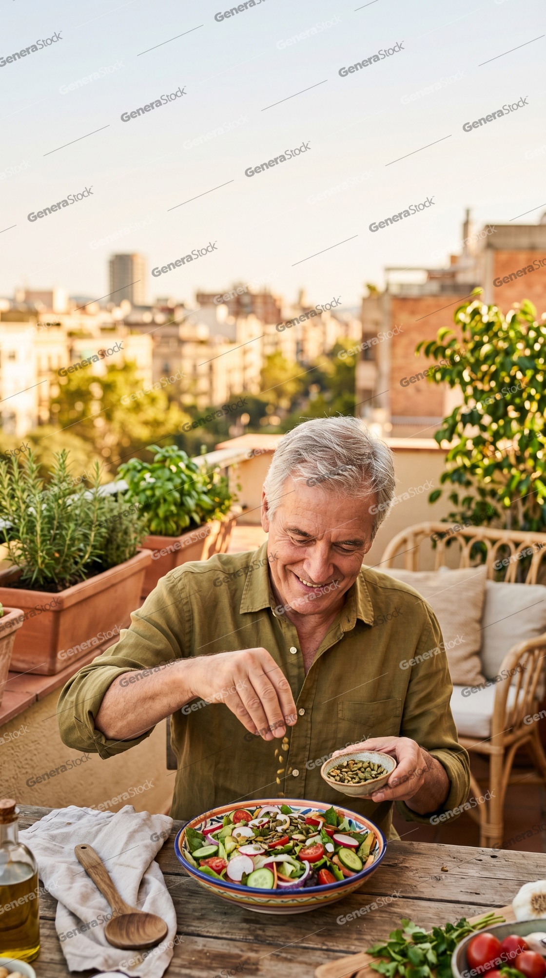 Happy senior man sprinkling seeds on a fresh vegetable salad on a city rooftop terrace at sunset