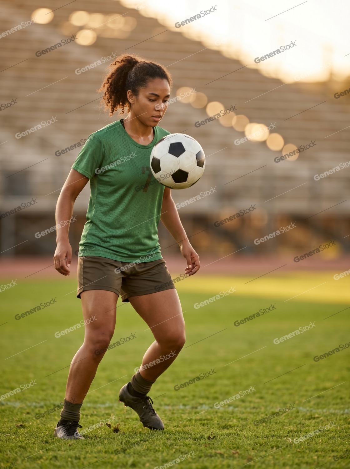 Young athletic woman juggling a soccer ball on a green field during sunset training session at a stadium