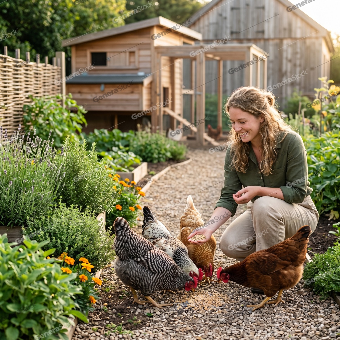 Happy young woman feeding a flock of chickens in a beautiful vegetable garden with a wooden coop in the background