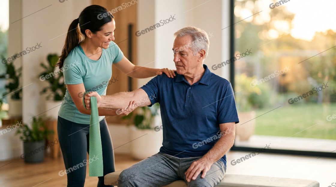 Senior Man Performing Arm Exercises with Resistance Band Assisted by Female Physical Therapist in Modern Clinic