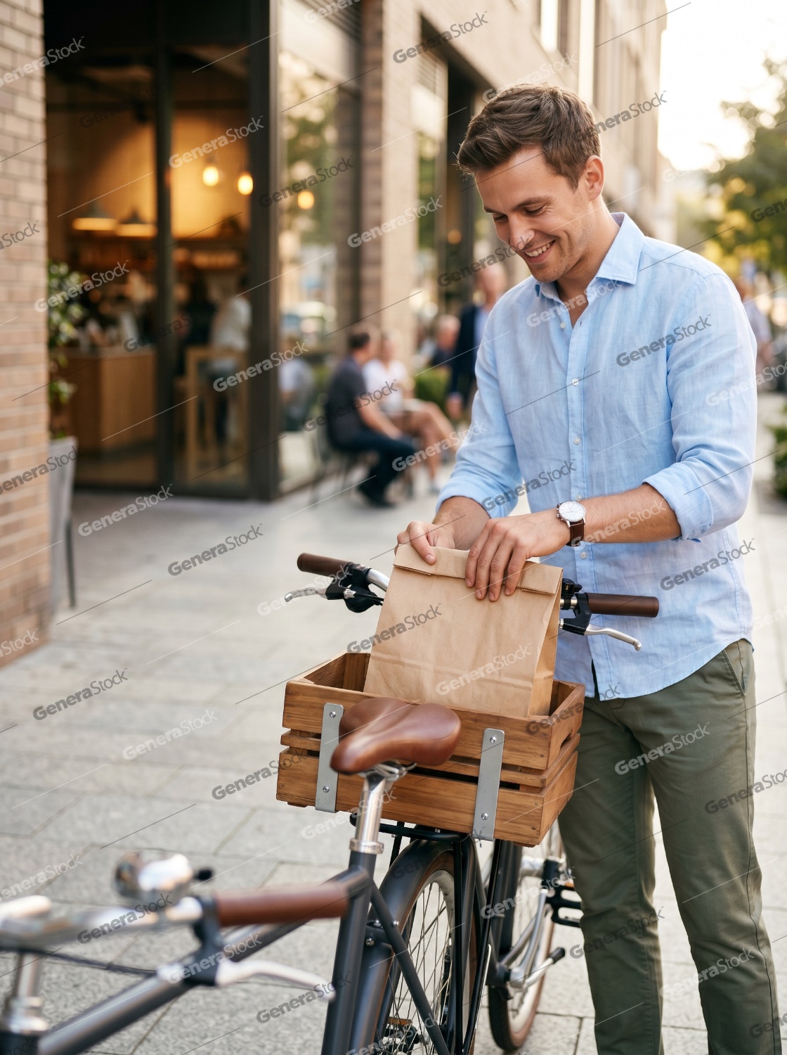 Smiling young man placing a brown paper bag into a wooden crate on his bicycle in an urban setting