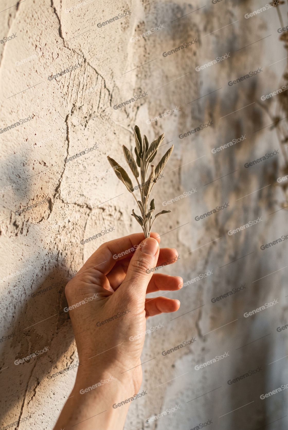 A hand holding a sprig of fresh dried sage against a textured ru