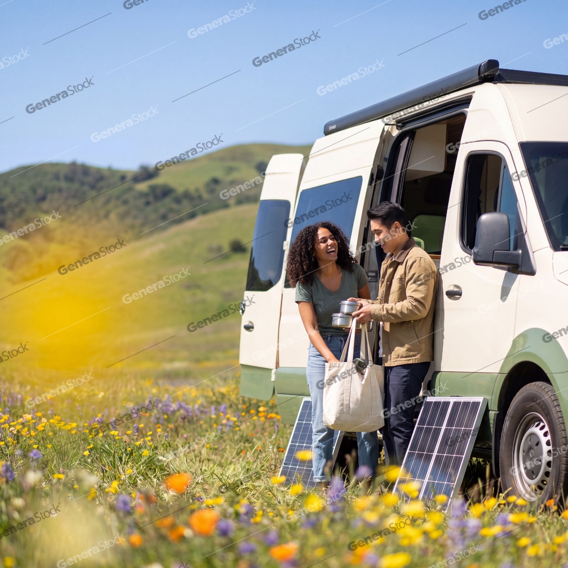 Happy multiethnic couple enjoying a sustainable van life adventure, parked in a scenic wildflower meadow with portable solar panels for clean energy during a sunny summer road trip